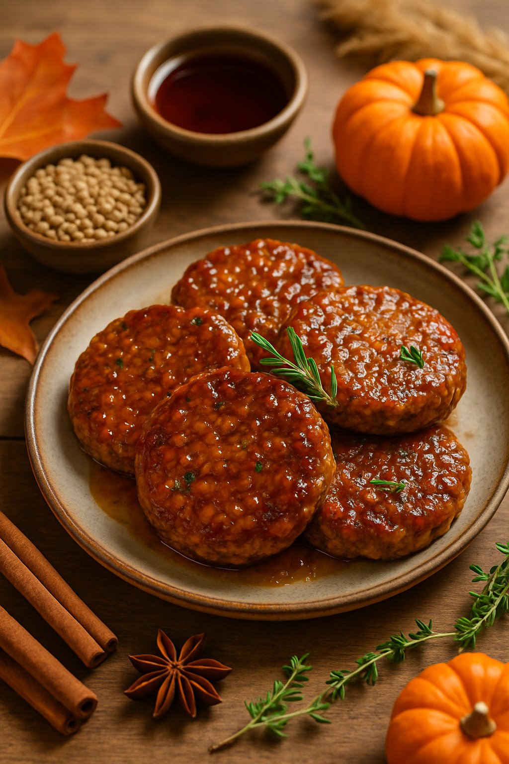 Close-up of maple glazed lentil patties on a plate surrounded by autumn ingredients and seasonal decorations on a wooden table.