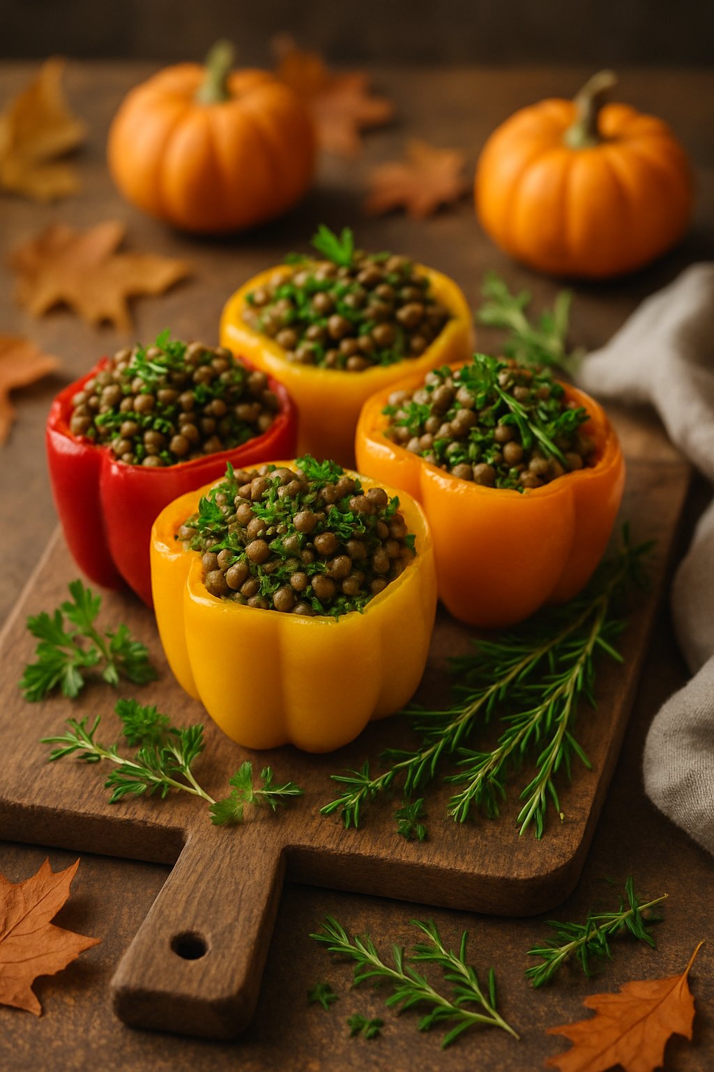 Close-up of colorful stuffed bell peppers filled with lentils and herbs on a wooden board with autumn decorations around.