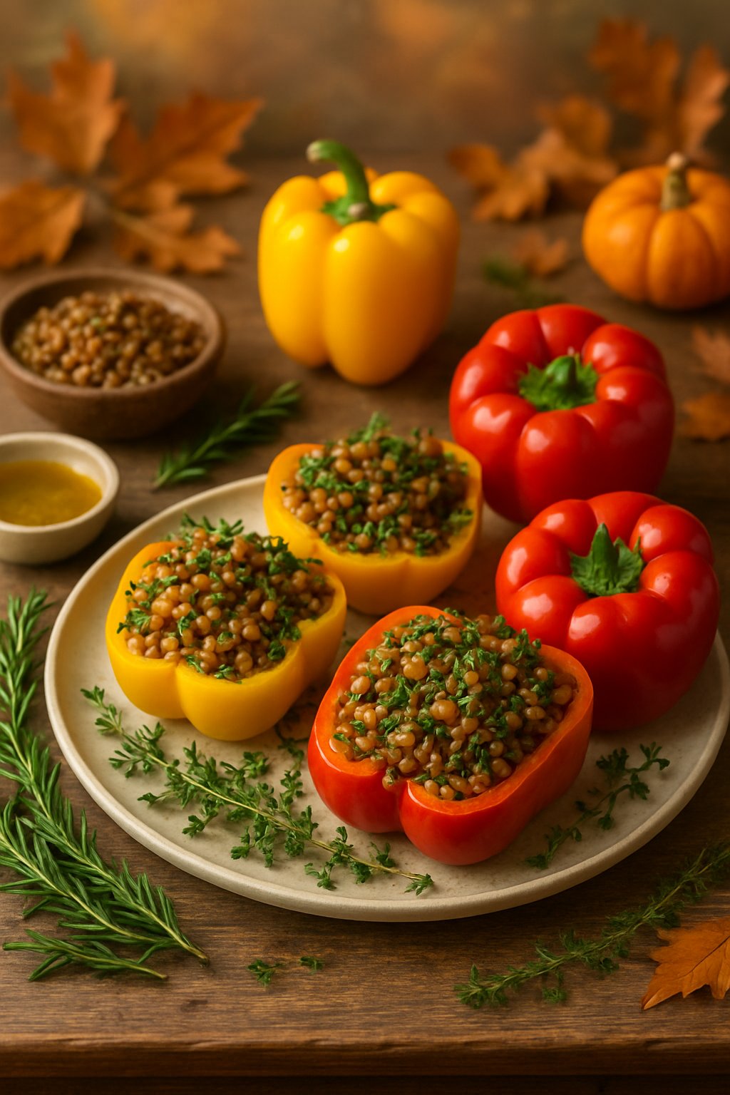 A plate of lentil and herb-stuffed bell peppers on a wooden table surrounded by fresh bell peppers, herbs, and lentils.