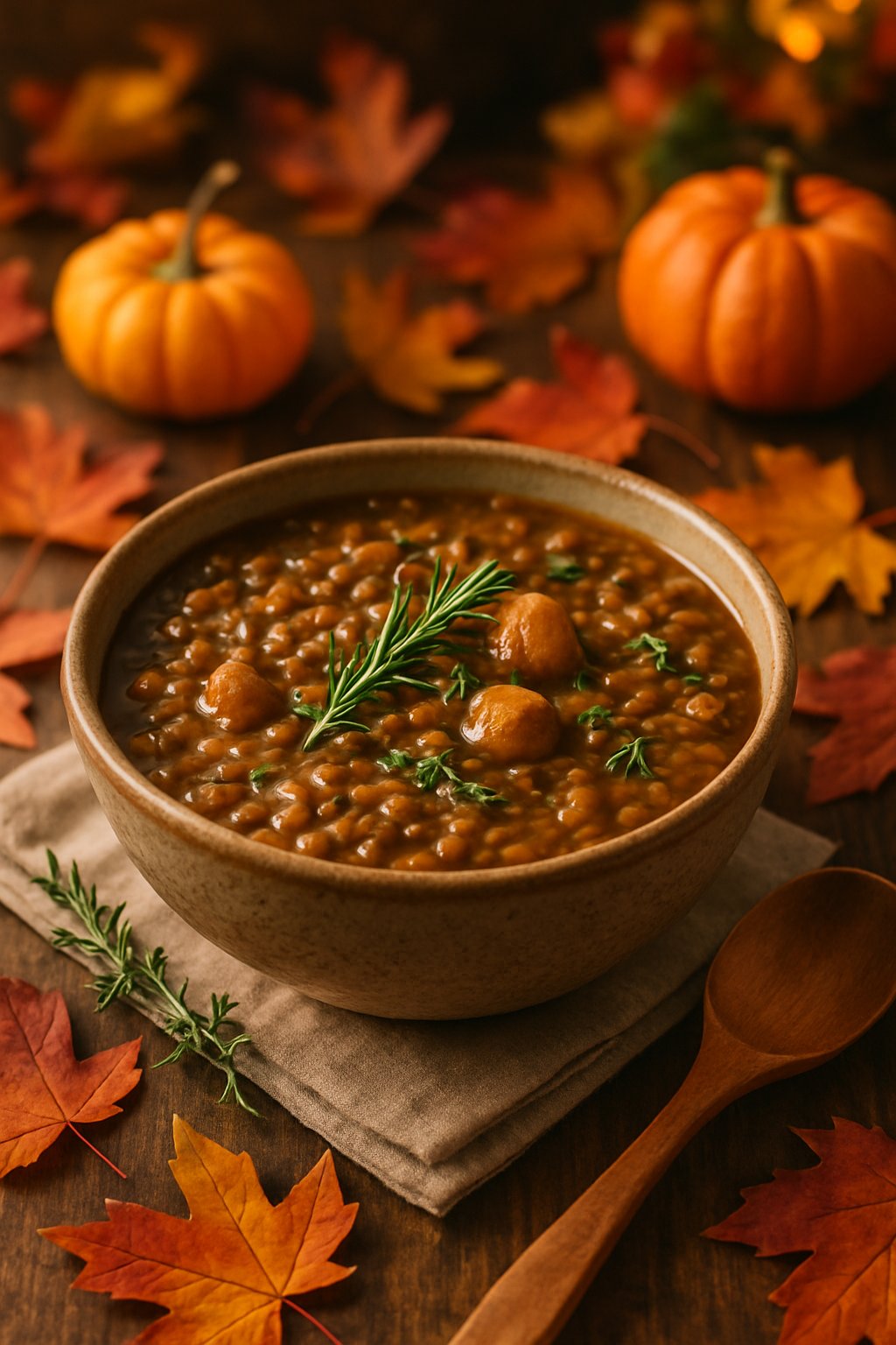 A bowl of lentil and chestnut soup garnished with herbs on a wooden table with autumn decorations around it.
