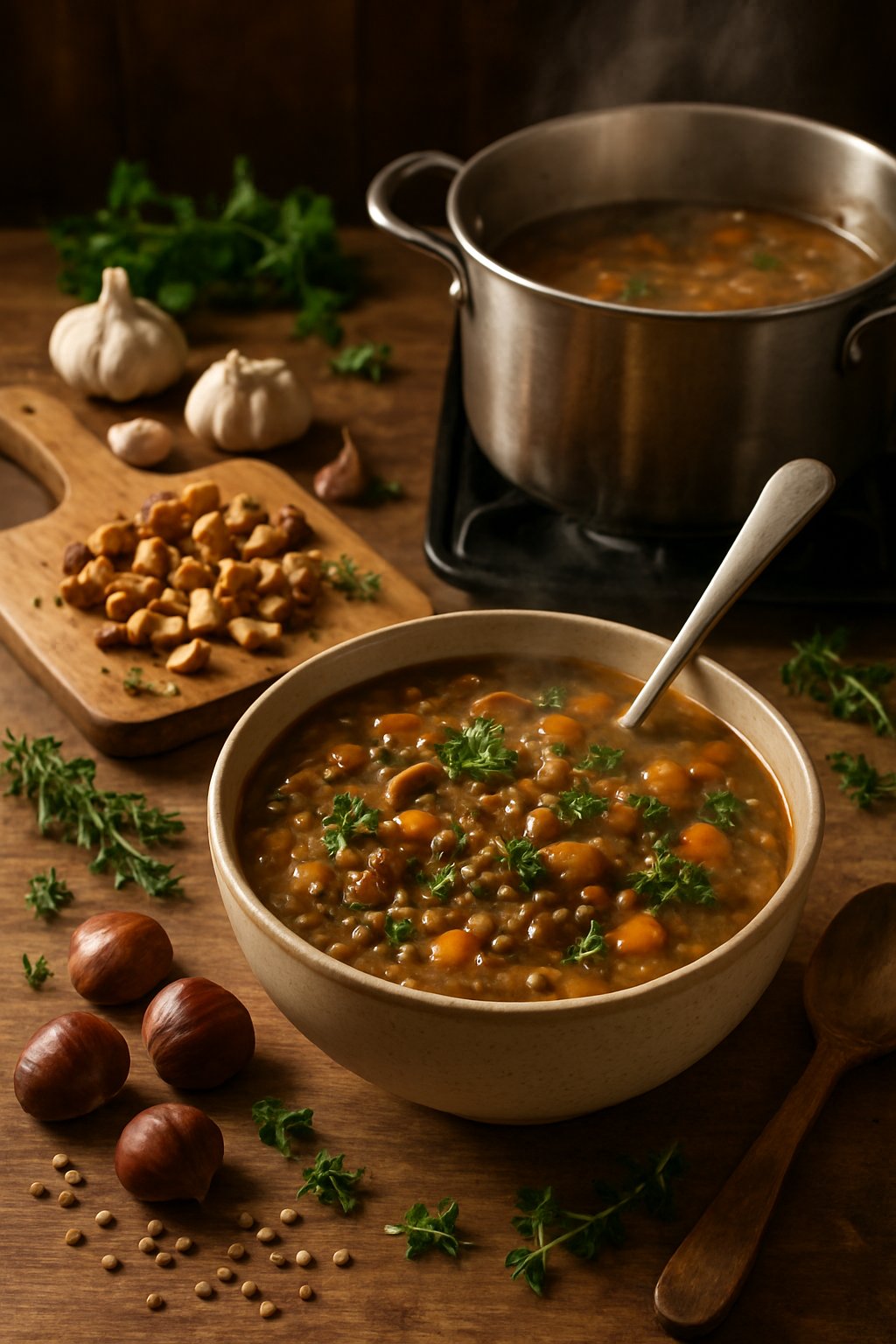 A bowl of lentil and chestnut soup on a wooden countertop surrounded by cooking equipment and fresh ingredients in a kitchen.