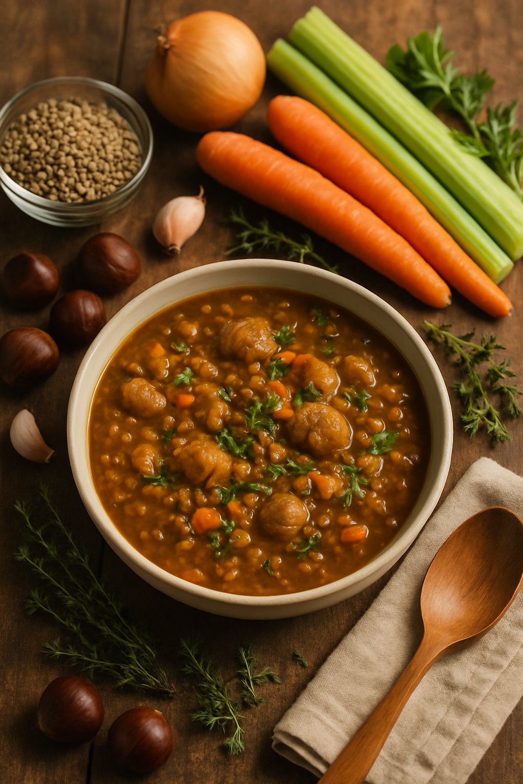 A bowl of lentil and chestnut soup on a wooden table surrounded by fresh lentils, chestnuts, garlic, onions, carrots, celery, and herbs.