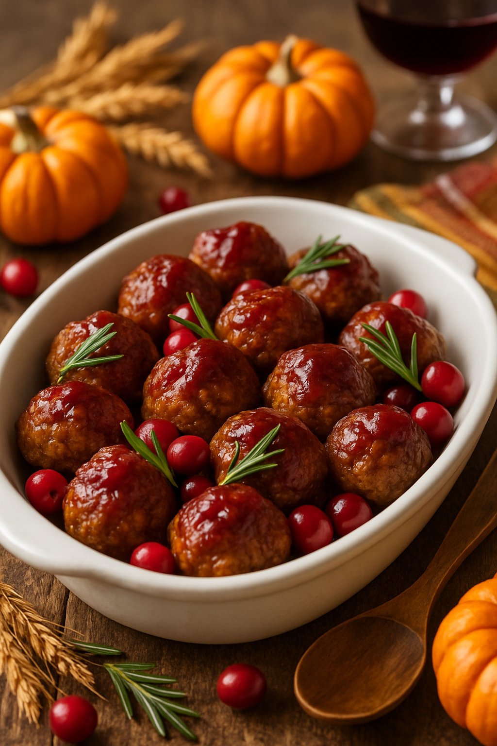 A serving dish filled with cranberry lentil meatballs glazed in cranberry sauce, garnished with rosemary and cranberries on a wooden table with autumn decorations.