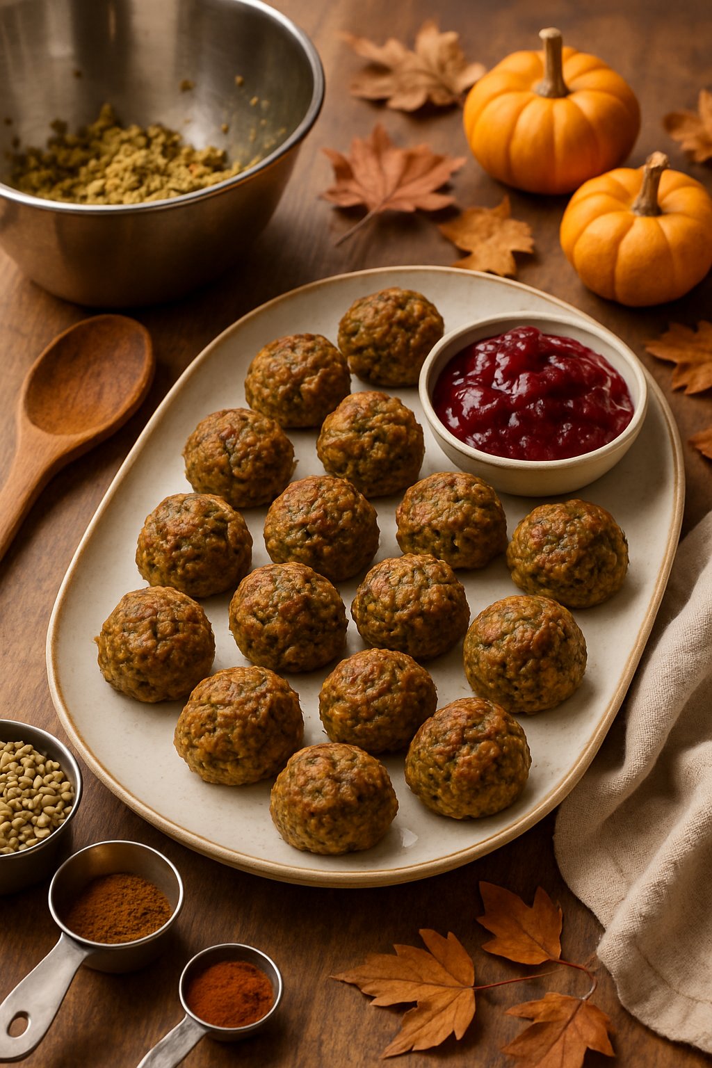 A platter of cranberry lentil meatballs surrounded by cooking bowls, utensils, and autumn decorations on a kitchen countertop.