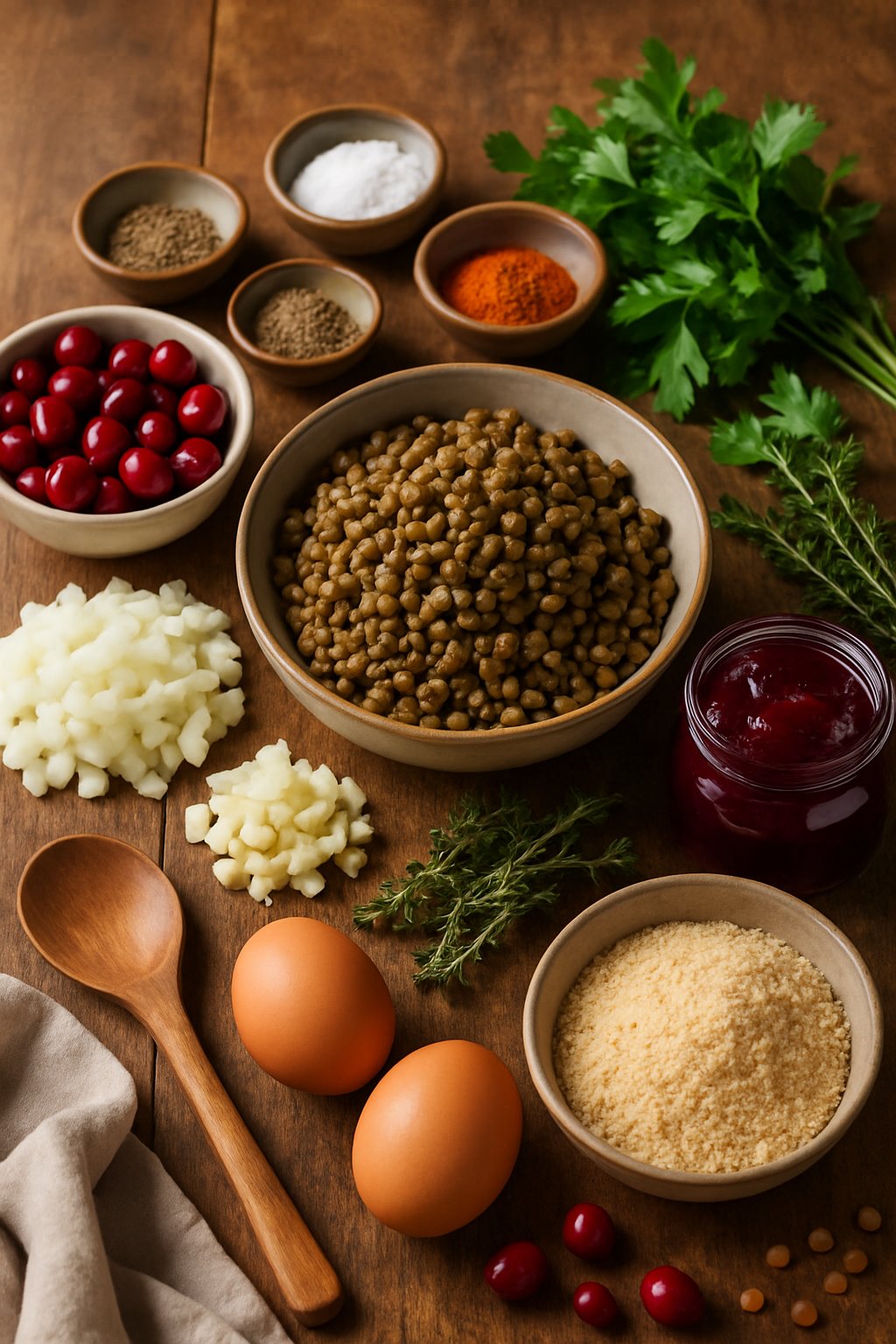 A table with bowls and dishes containing lentils, cranberries, chopped onions, garlic, herbs, breadcrumbs, eggs, and spices arranged for making cranberry lentil meatballs.
