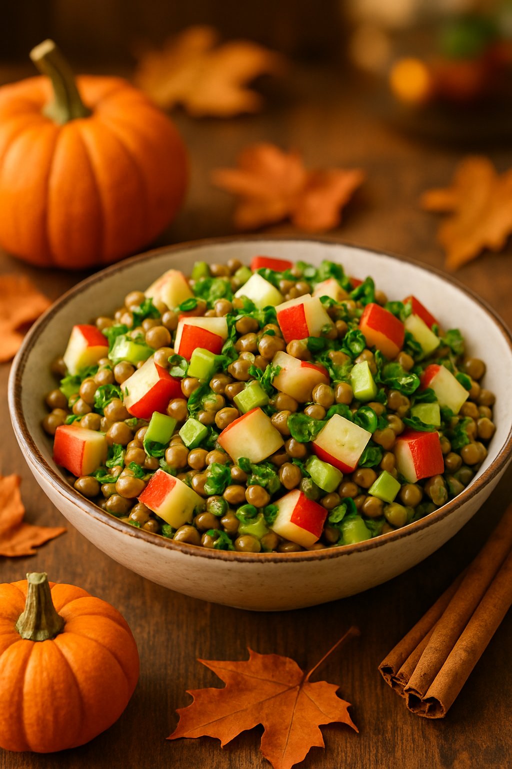 A bowl of lentil and apple salad on a wooden table with autumn decorations around it.