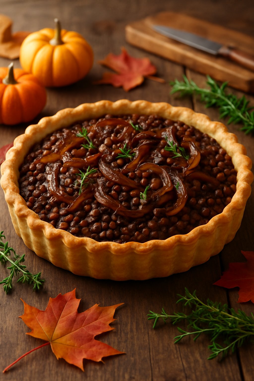 A freshly baked lentil and caramelized onion tart on a wooden table surrounded by autumn decorations.