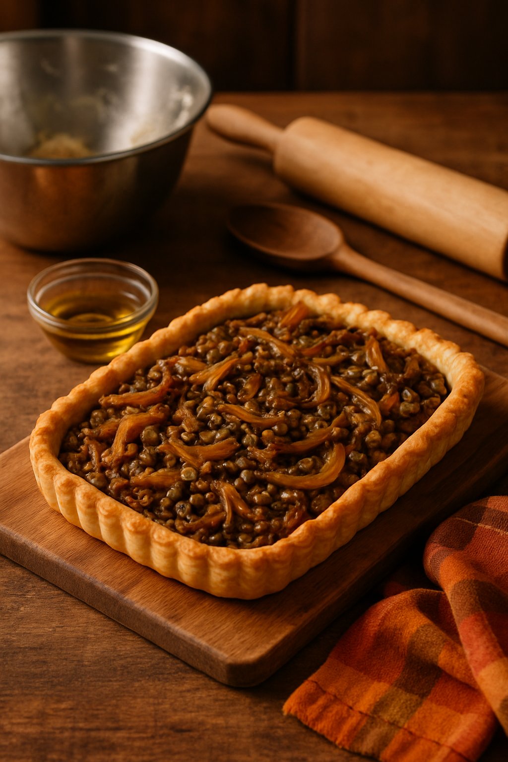 A freshly baked lentil and caramelized onion tart on a wooden cutting board surrounded by kitchen tools and ingredients on a wooden countertop.