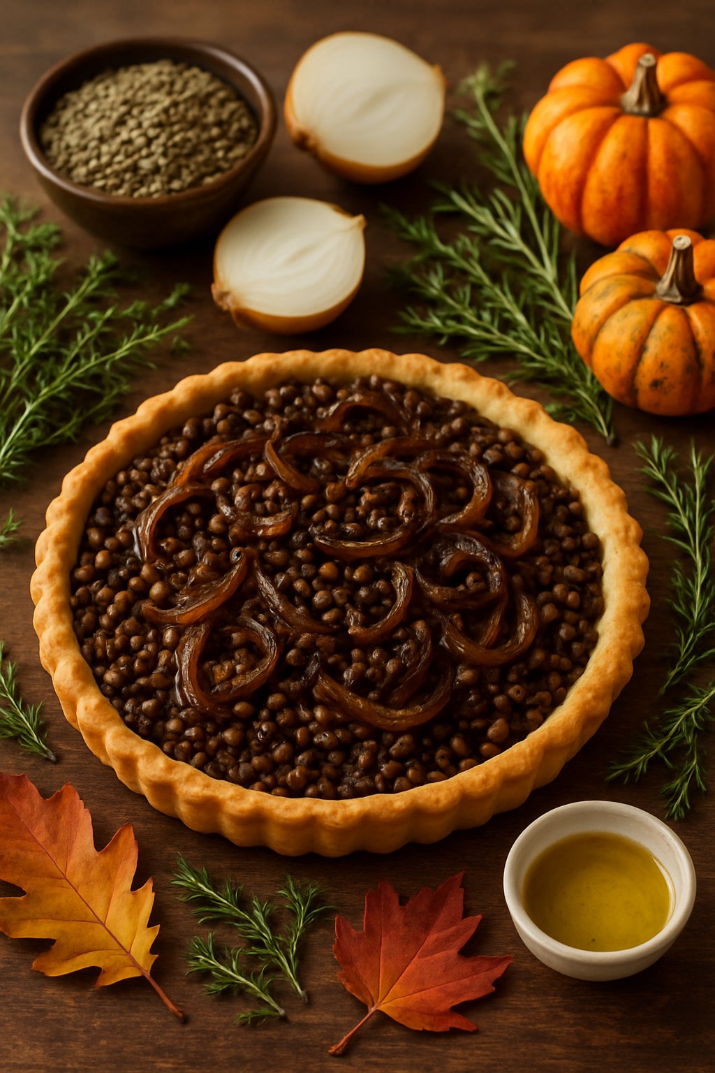 A freshly baked lentil and caramelized onion tart on a wooden table surrounded by ingredients like lentils, onions, herbs, and autumn decorations.