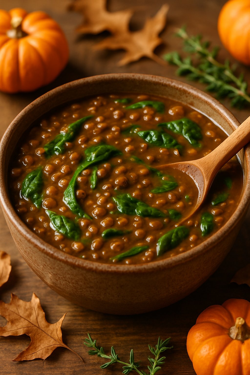 A bowl of thick lentil and spinach gravy on a wooden table surrounded by autumn decorations.
