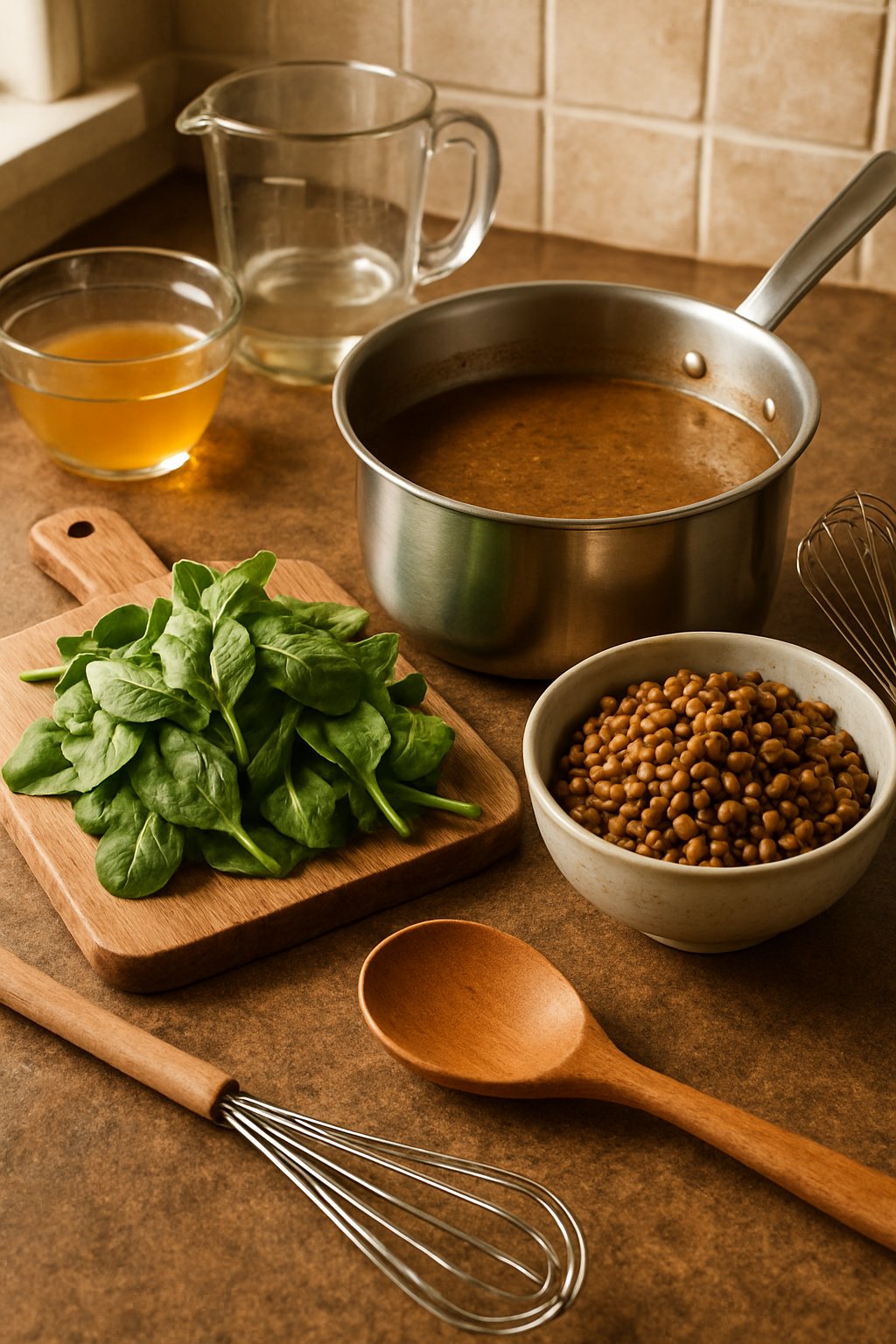A kitchen countertop with fresh spinach, cooked lentils, and a saucepan of simmering brown gravy surrounded by cooking utensils.