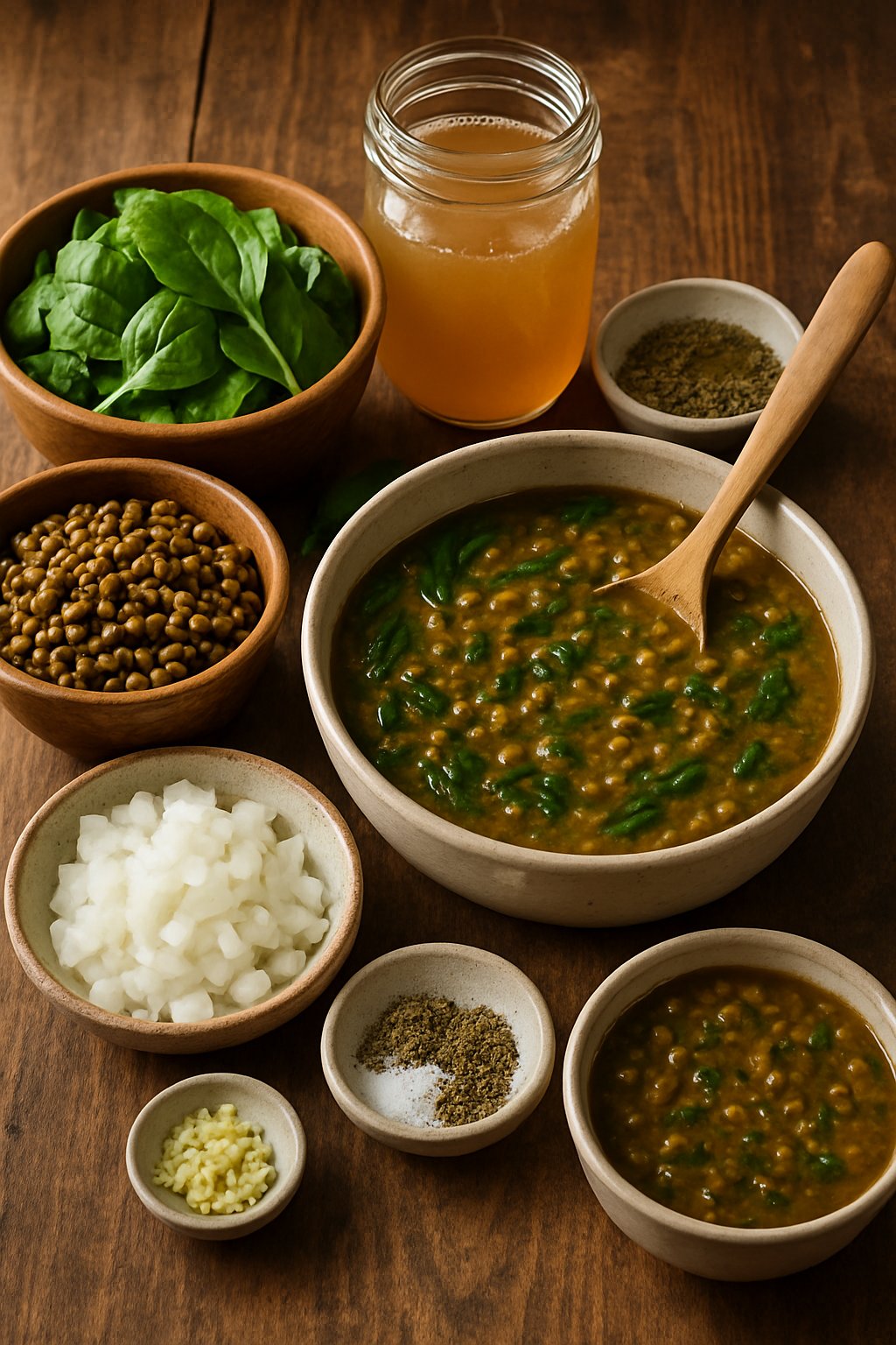 A kitchen table with fresh lentils, spinach, onions, garlic, herbs, and a bowl of lentil and spinach gravy.