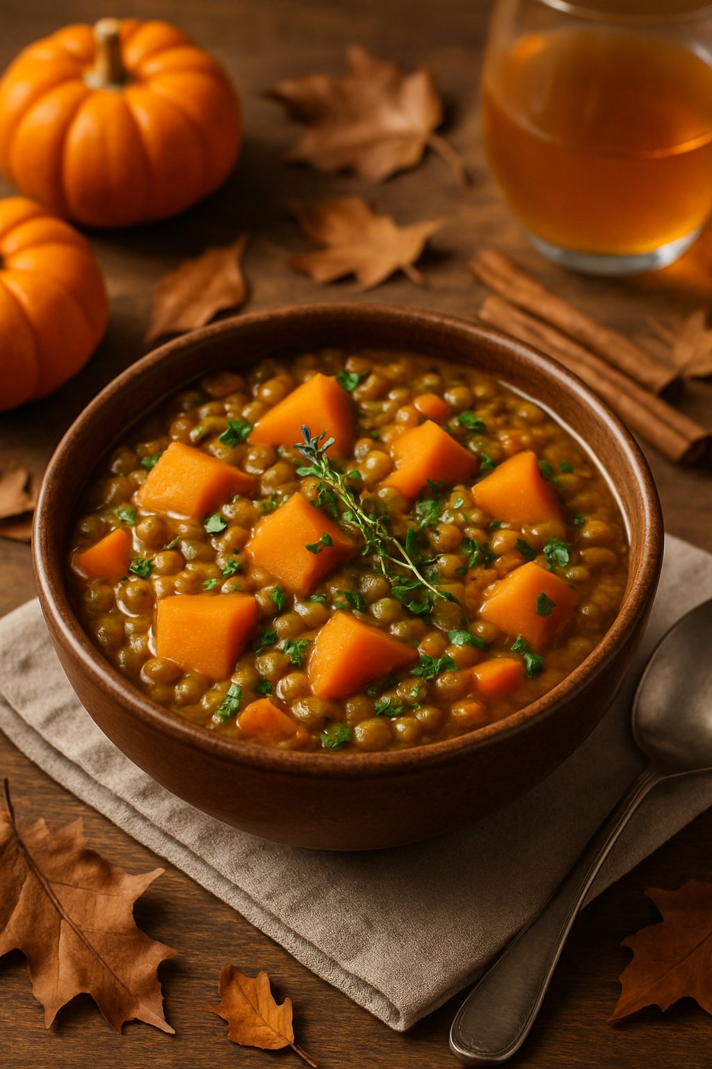 A bowl of pumpkin lentil stew on a wooden table surrounded by small pumpkins and autumn leaves.
