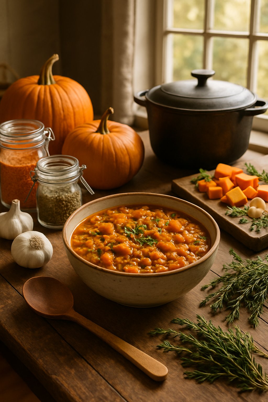 A bowl of pumpkin lentil stew on a wooden table surrounded by pumpkins, lentils, garlic, onions, herbs, and cooking utensils in a kitchen setting.
