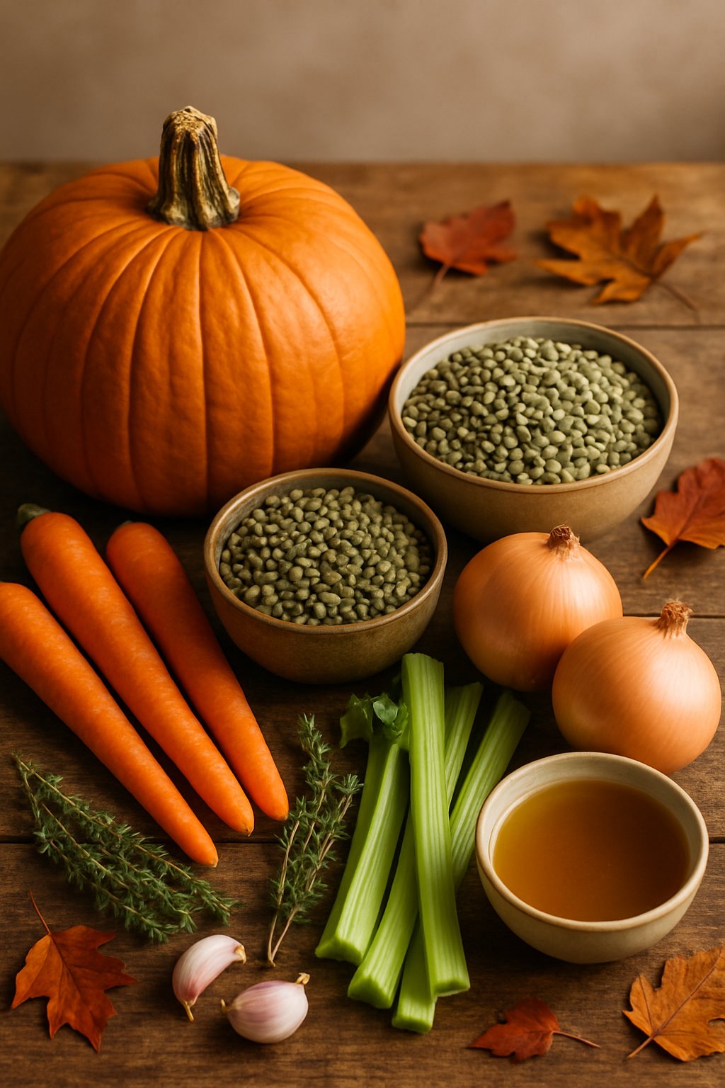 Fresh ingredients for Thanksgiving pumpkin lentil stew arranged on a wooden table, including pumpkin, lentils, carrots, celery, onions, and garlic.