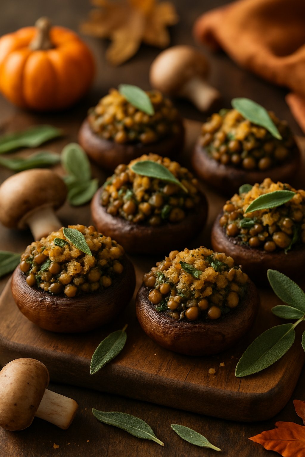 Close-up of lentil and sage stuffed mushrooms on a wooden board with autumn decorations in the background.