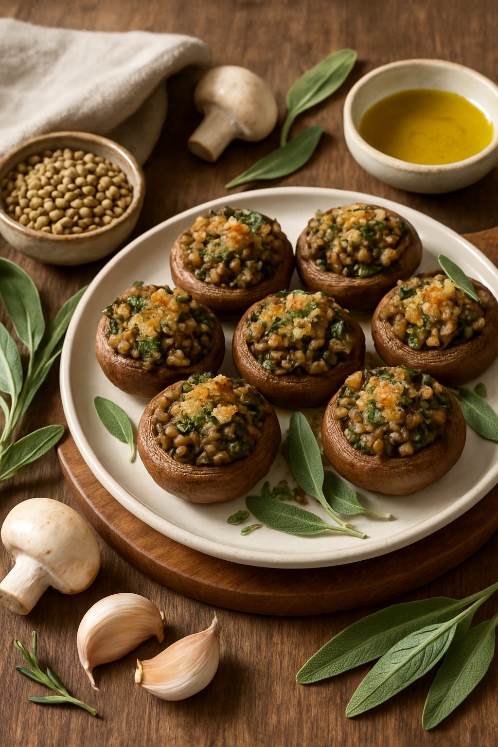 Close-up of lentil and sage stuffed mushrooms on a wooden table with fresh ingredients like mushrooms, sage, and lentils around them.
