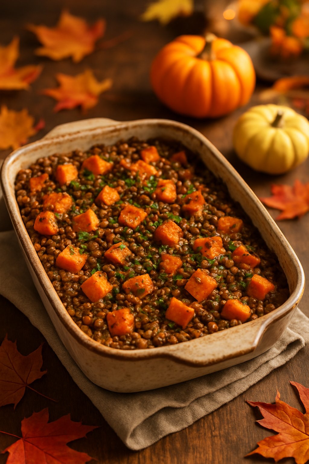 A baked dish of lentils and roasted sweet potatoes in a ceramic baking dish on a wooden table with autumn decorations around it.