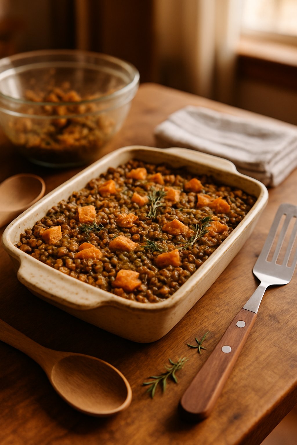 A freshly baked lentil and sweet potato casserole in a ceramic dish on a wooden table with cooking utensils and a kitchen towel nearby.