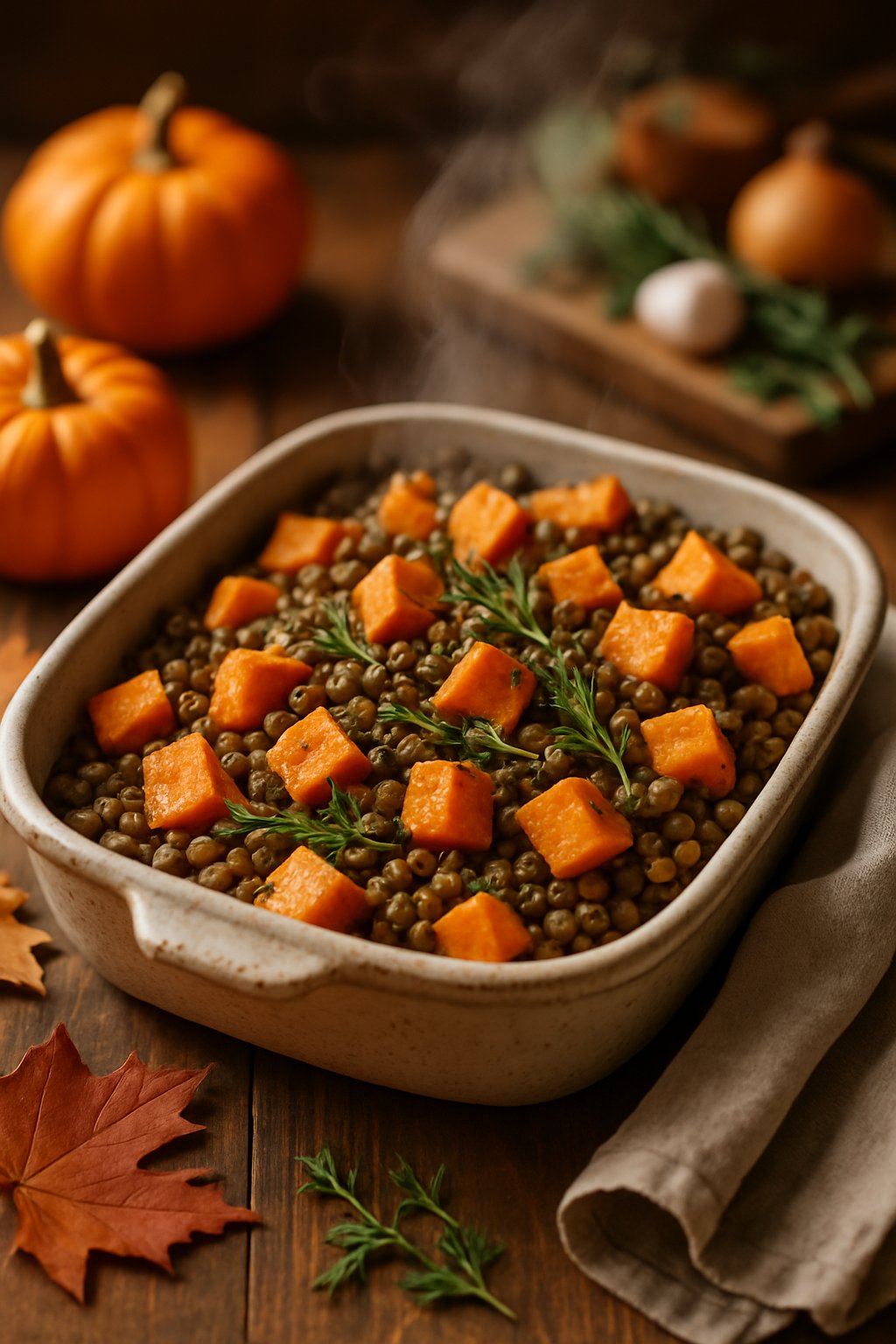 A baking dish filled with a lentil and sweet potato casserole on a wooden table with autumn decorations around it.
