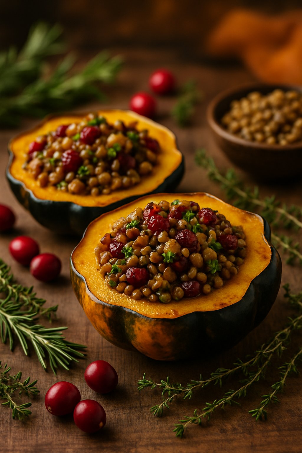 Halved roasted acorn squash stuffed with lentils and cranberries on a wooden table with autumn herbs and fresh cranberries around it.
