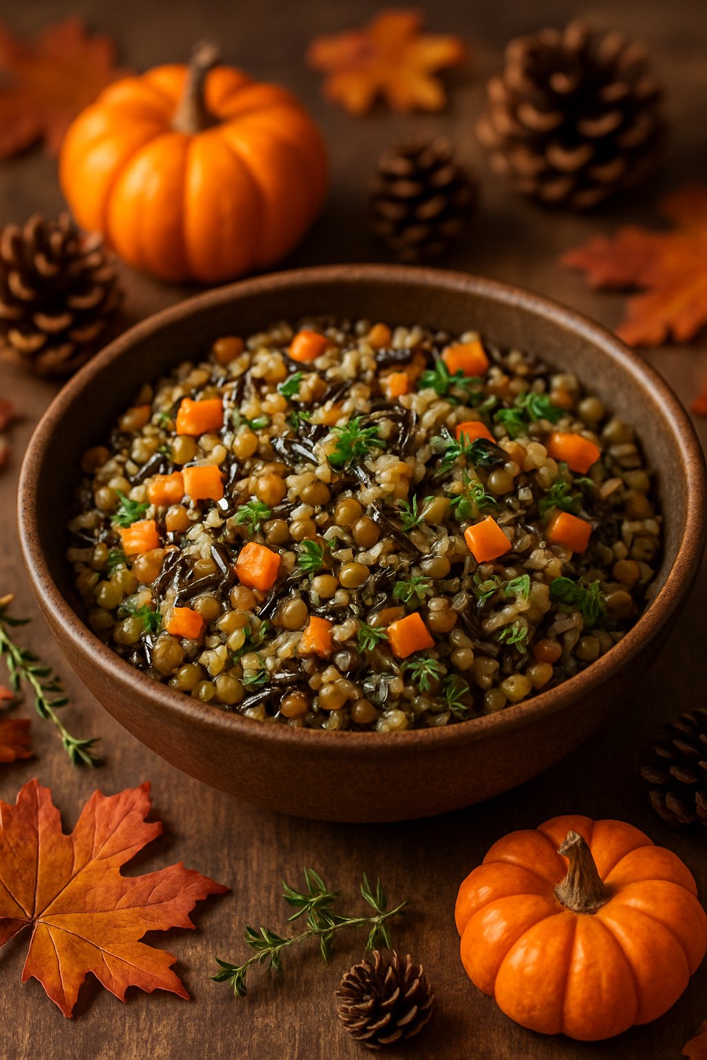 A bowl of lentil and wild rice pilaf with vegetables and herbs on a wooden table surrounded by autumn decorations.