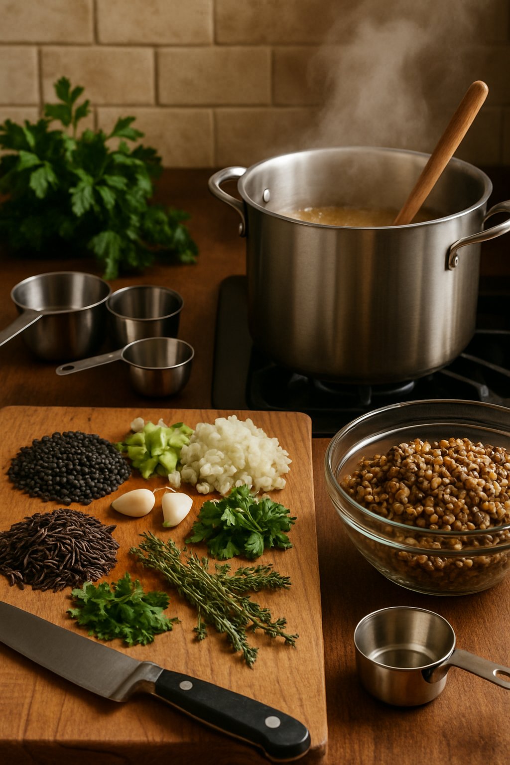 A kitchen scene showing ingredients and equipment for making lentil and wild rice pilaf, including a pot on the stove and fresh vegetables on a cutting board.