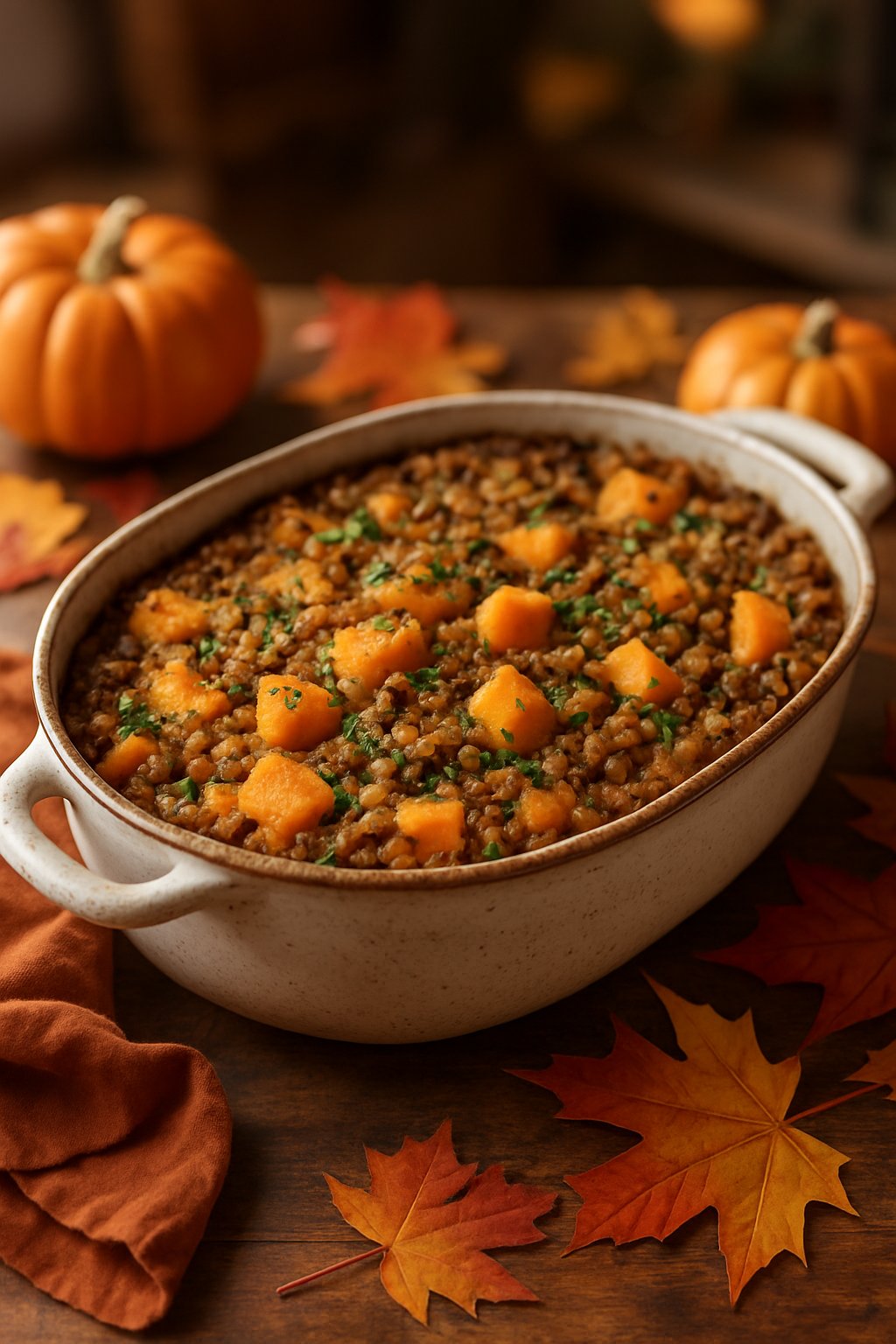 A baked lentil and butternut squash casserole in a ceramic dish on a wooden table with fall decorations around it.