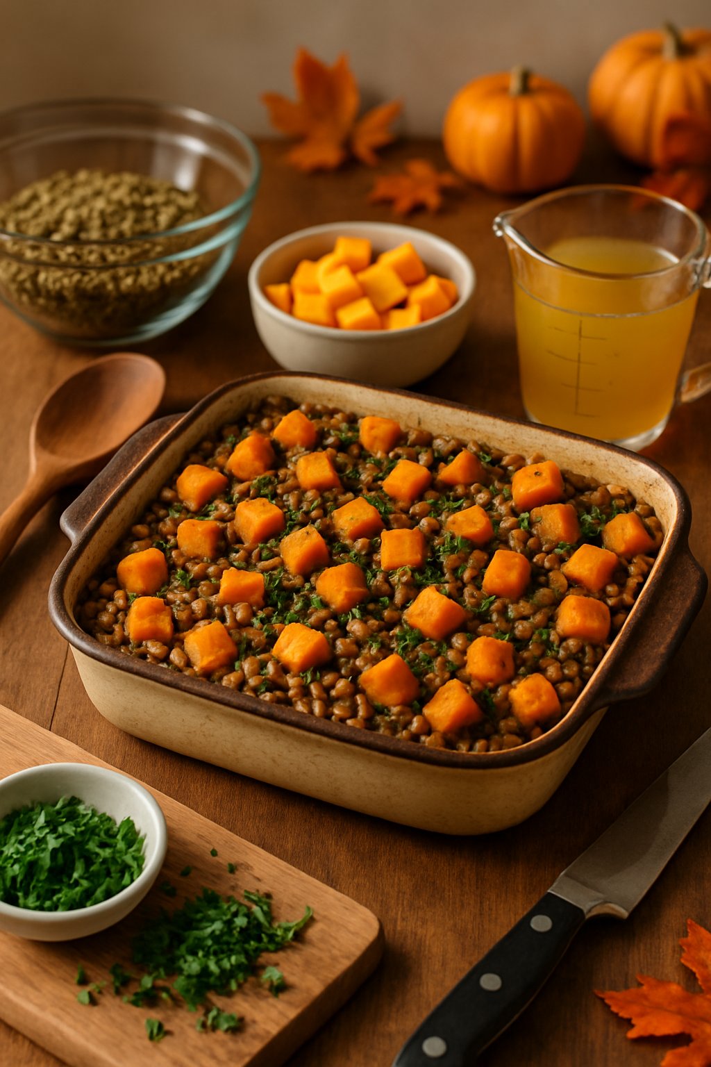 A lentil and butternut squash casserole in a baking dish on a wooden table surrounded by cooking equipment and ingredients.