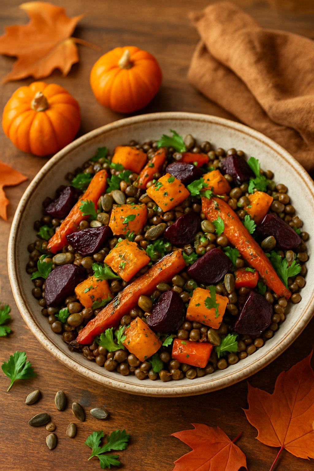 A bowl of roasted vegetable and lentil salad with colorful vegetables and herbs on a wooden table with autumn decorations.