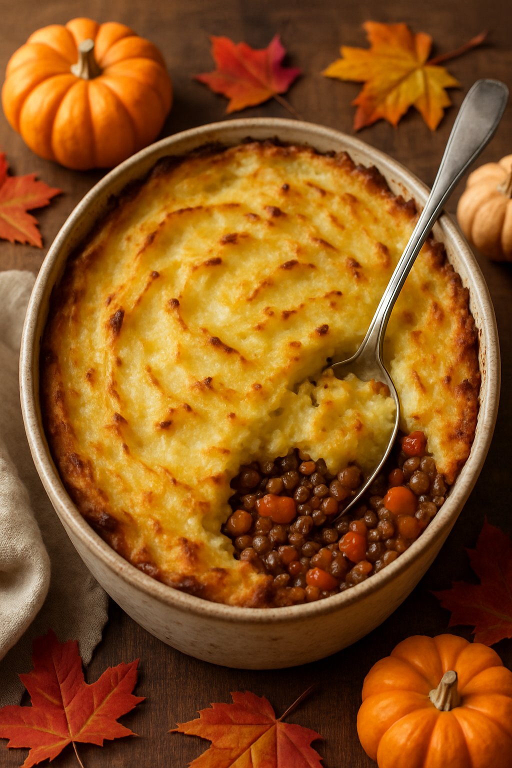 A freshly baked lentil shepherd’s pie with golden mashed potato topping in a ceramic dish on a wooden table surrounded by autumn decorations.
