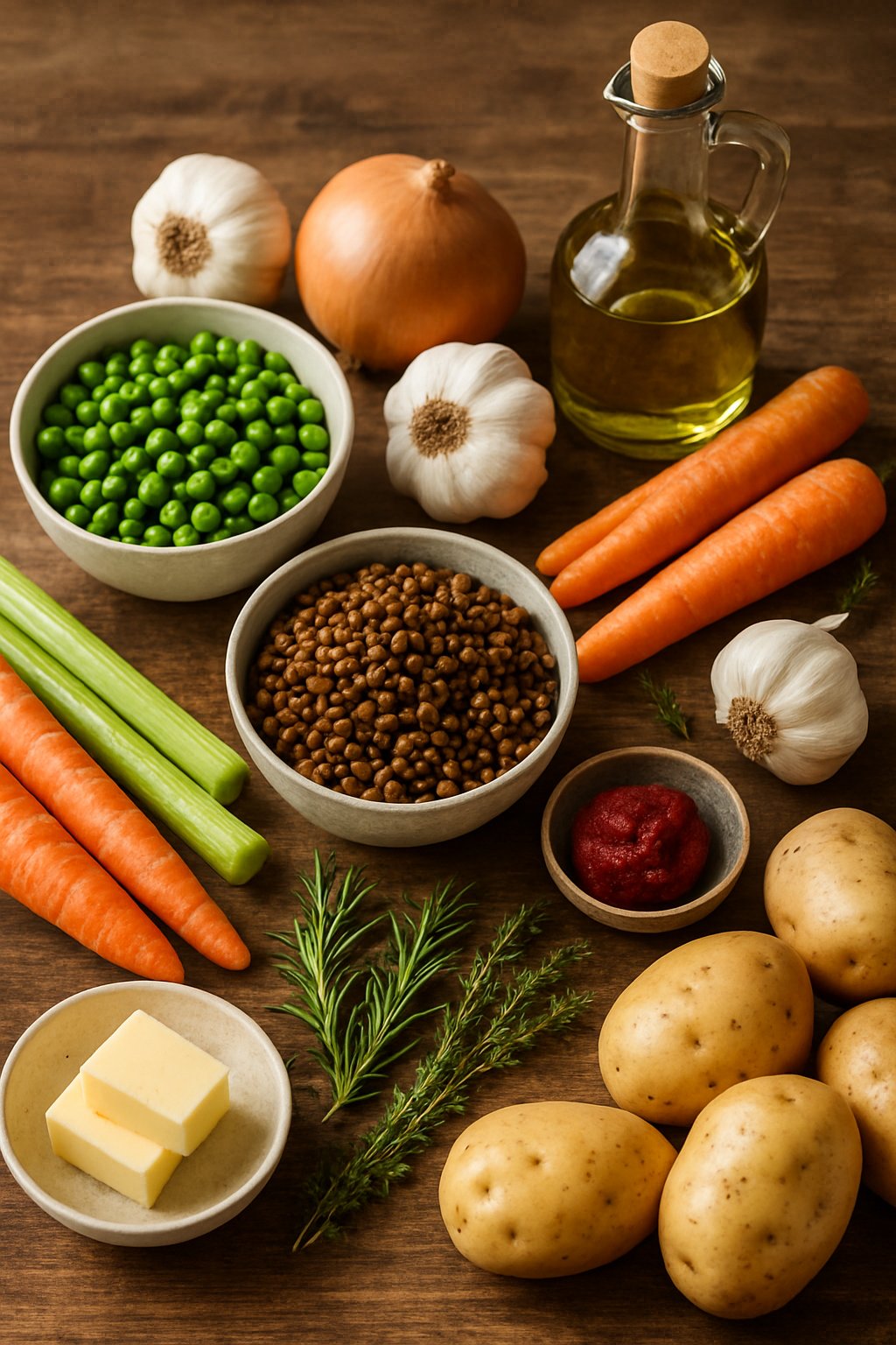 Fresh ingredients for Thanksgiving lentil shepherd’s pie arranged on a wooden table including carrots, onions, garlic, lentils, herbs, and potatoes.