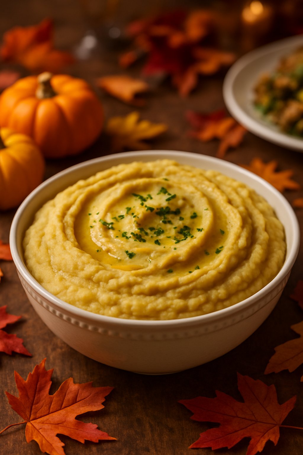 A bowl of creamy lentil mashed potatoes garnished with parsley on a wooden table with autumn decorations around it.