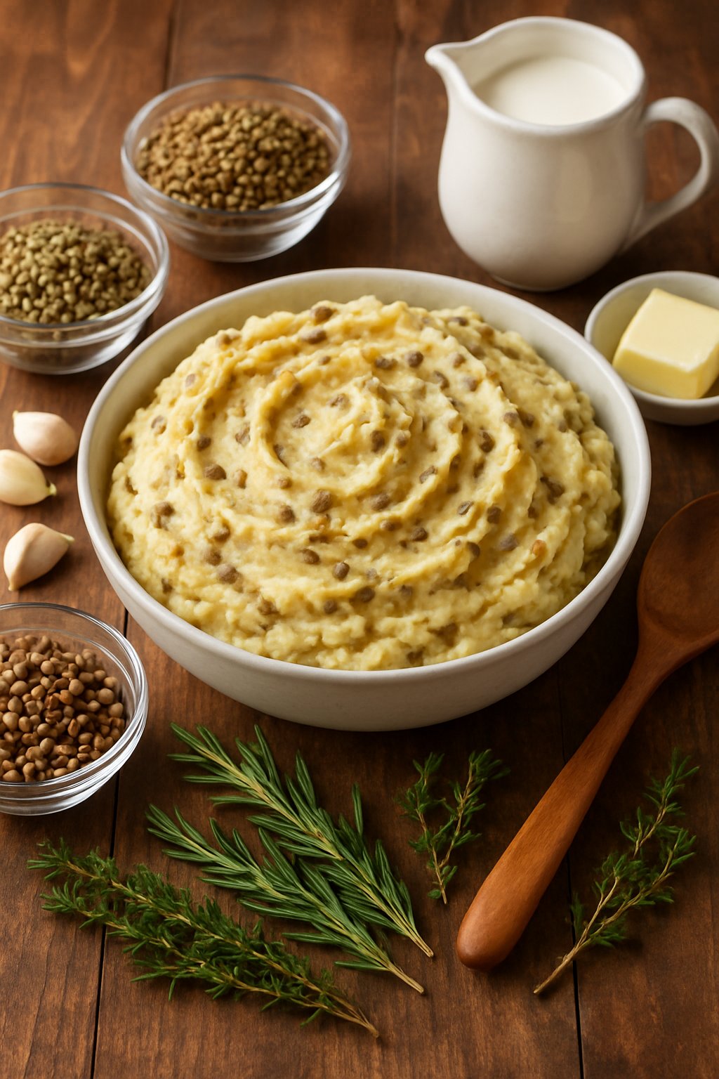 A bowl of creamy mashed potatoes with lentils on a wooden table surrounded by fresh ingredients like lentils, garlic, herbs, butter, and cream.