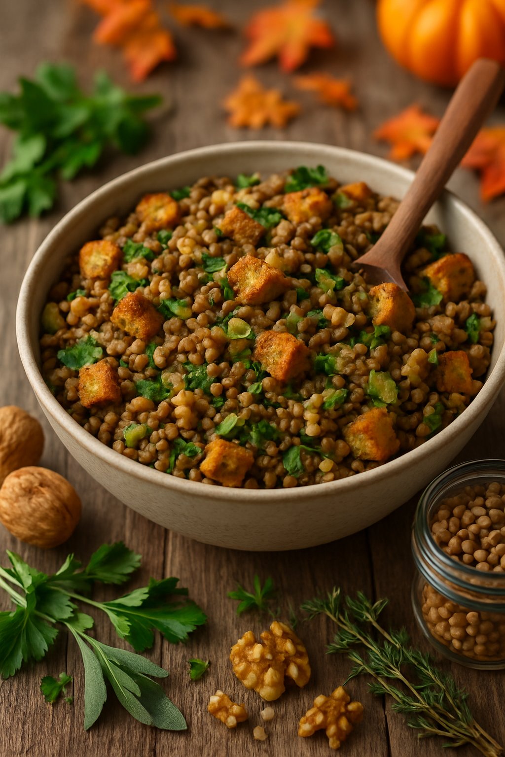 A bowl of lentil and walnut stuffing on a wooden table surrounded by walnuts, herbs, and lentils.