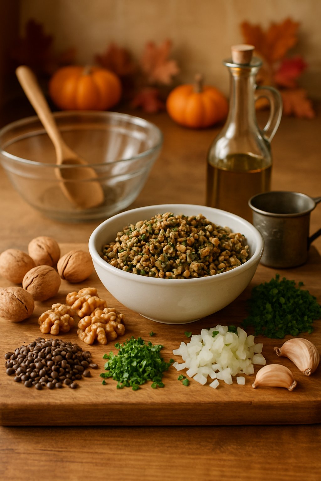 A bowl of lentil and walnut stuffing on a wooden board surrounded by fresh ingredients and kitchen equipment on a countertop with autumn decorations.