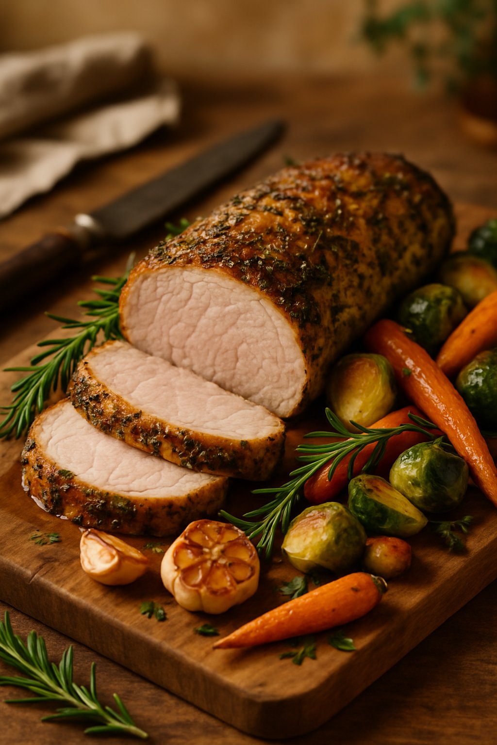 Sliced herb-crusted pork tenderloin on a wooden cutting board with roasted vegetables and fresh herbs.