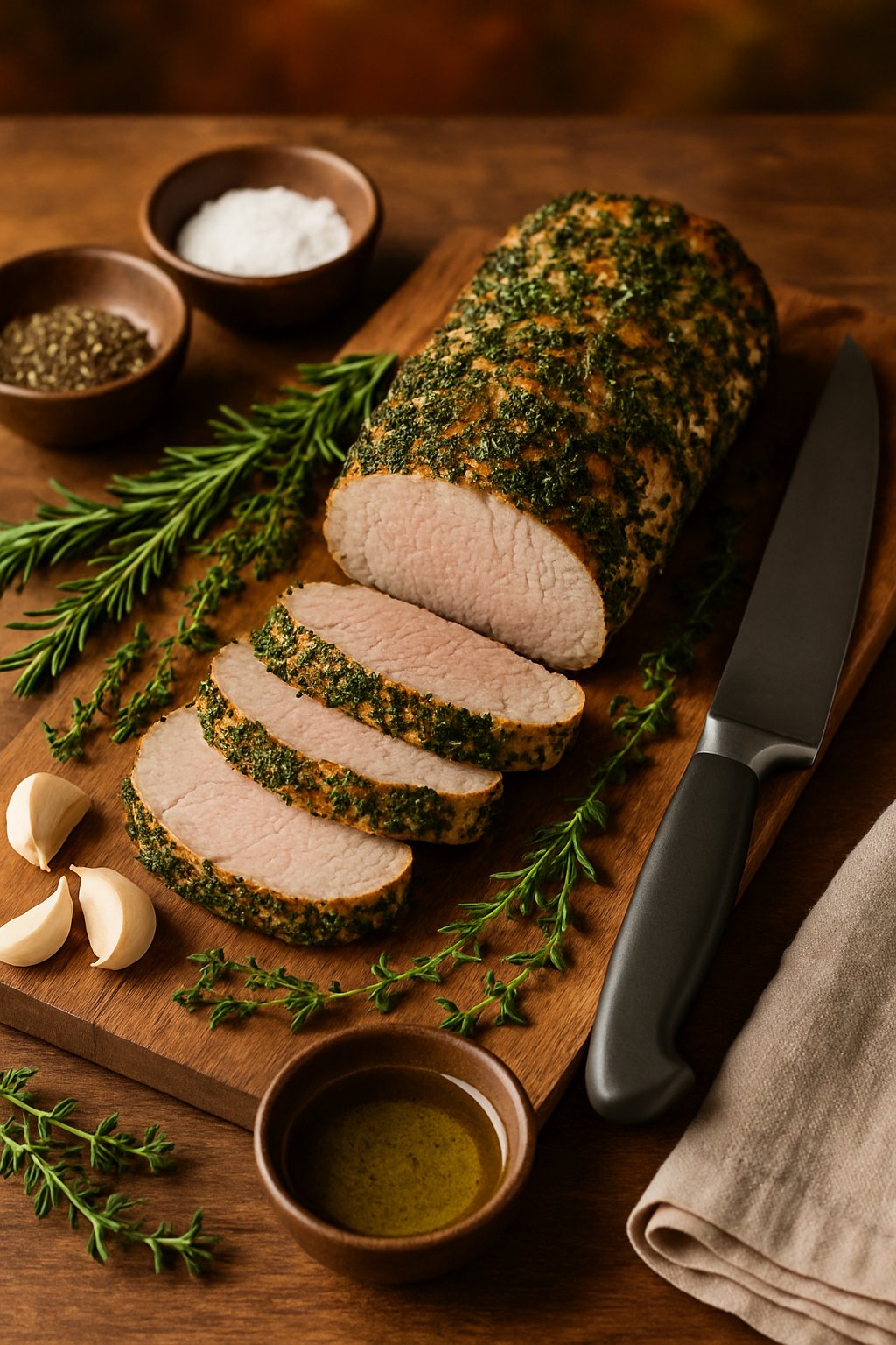 Sliced herb-crusted pork tenderloin on a wooden cutting board with fresh herbs, garlic, and seasoning bowls around it.
