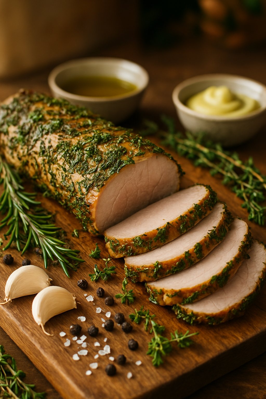 Sliced herb-crusted pork tenderloin on a wooden cutting board with fresh herbs and garlic cloves around it.