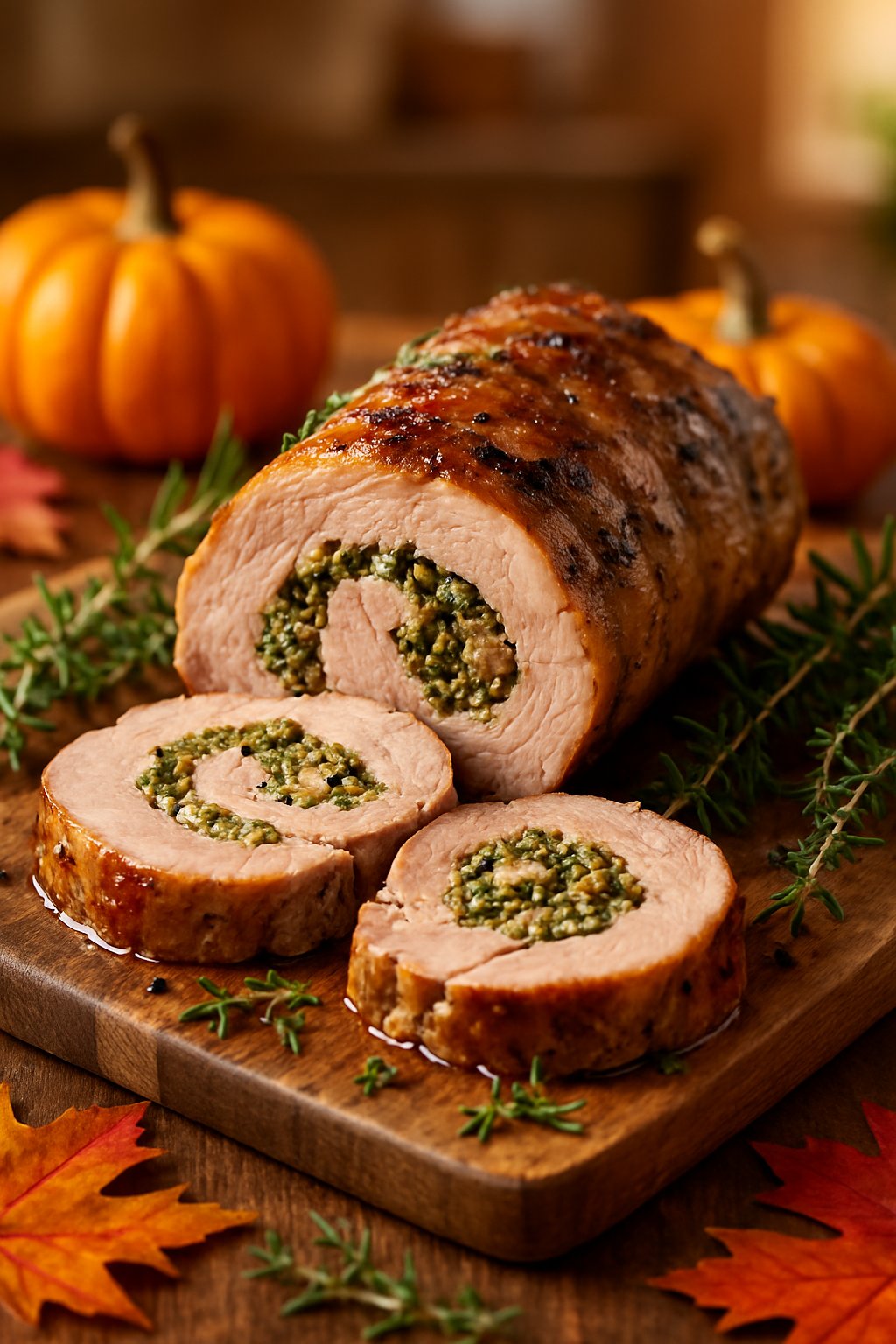 Sliced pork tenderloin roast stuffed with herbs and garlic on a wooden cutting board surrounded by autumn leaves, small pumpkins, and fresh herbs.