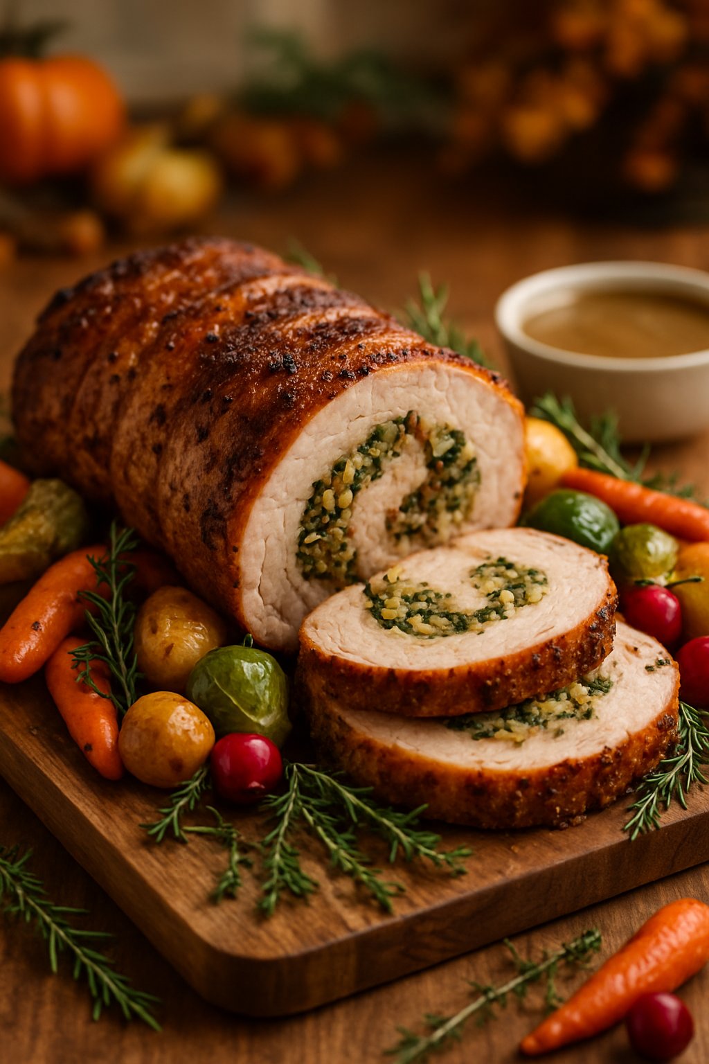 Sliced herb and garlic stuffed pork tenderloin roast on a wooden board with roasted vegetables and fresh herbs.