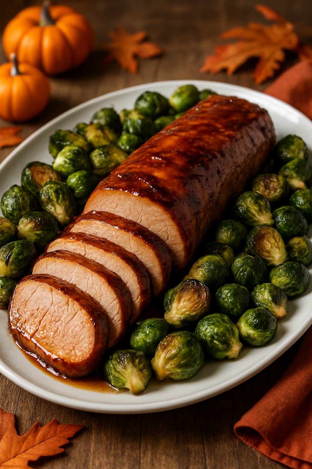 A platter of sliced maple glazed pork tenderloin with roasted Brussels sprouts on a wooden table with autumn decorations in the background.