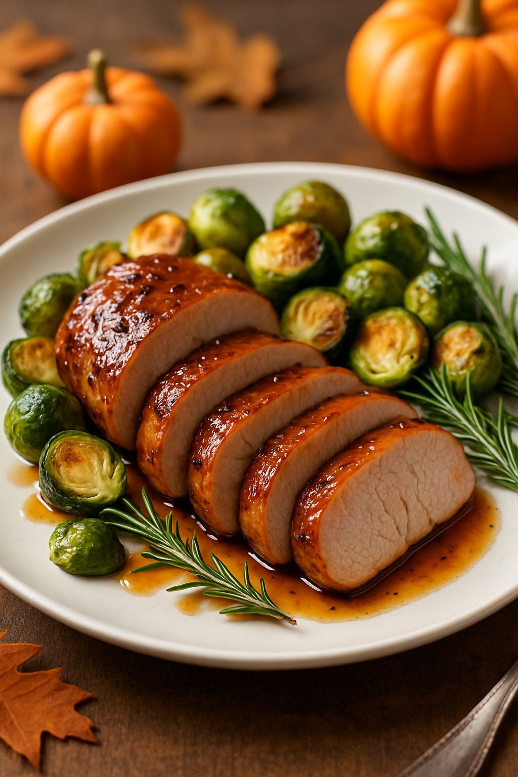A plate with sliced maple glazed pork tenderloin and roasted Brussels sprouts on a wooden table with autumn decorations.