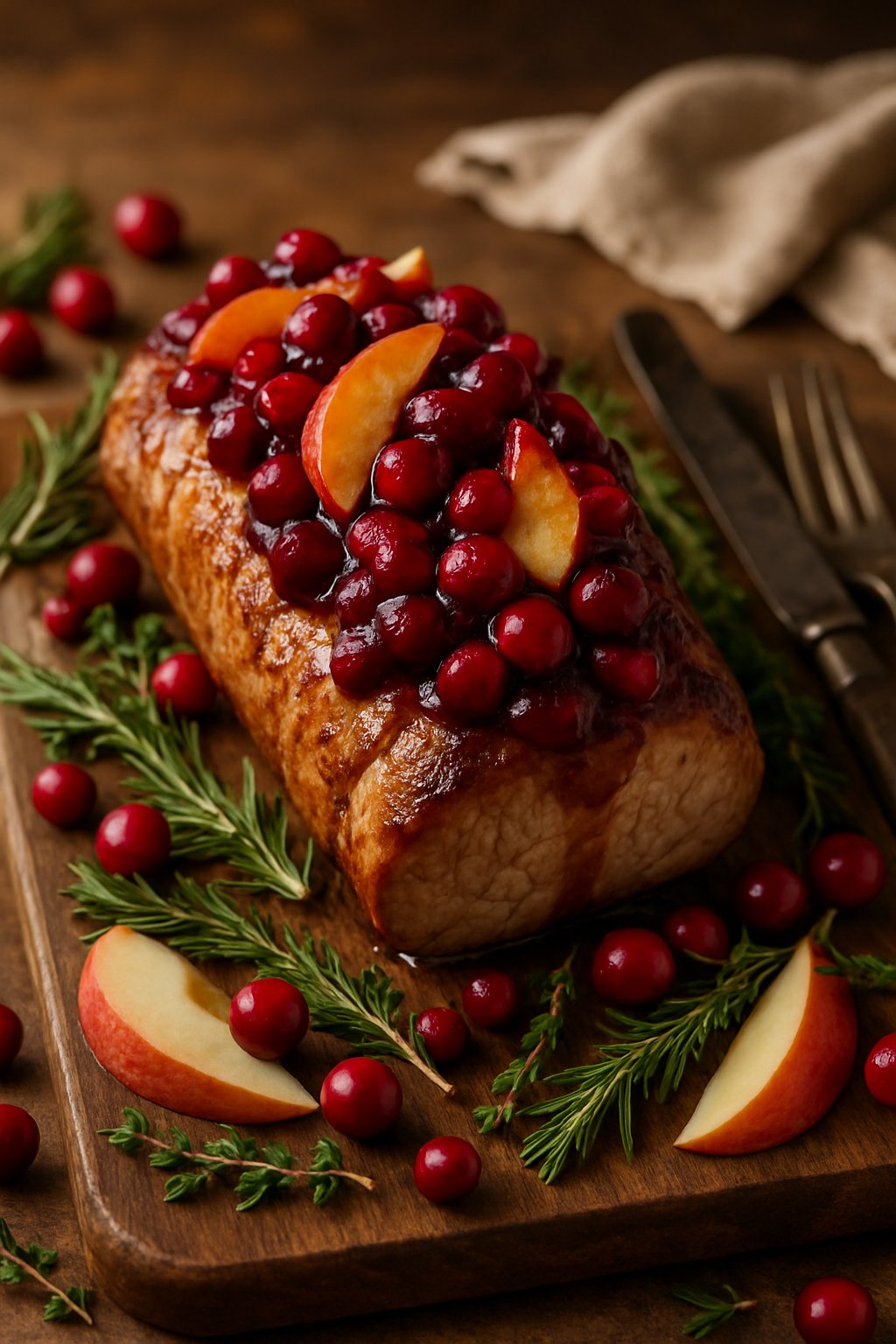 A roasted pork tenderloin topped with cranberry and apple compote on a wooden cutting board, surrounded by fresh herbs and autumnal garnishes.