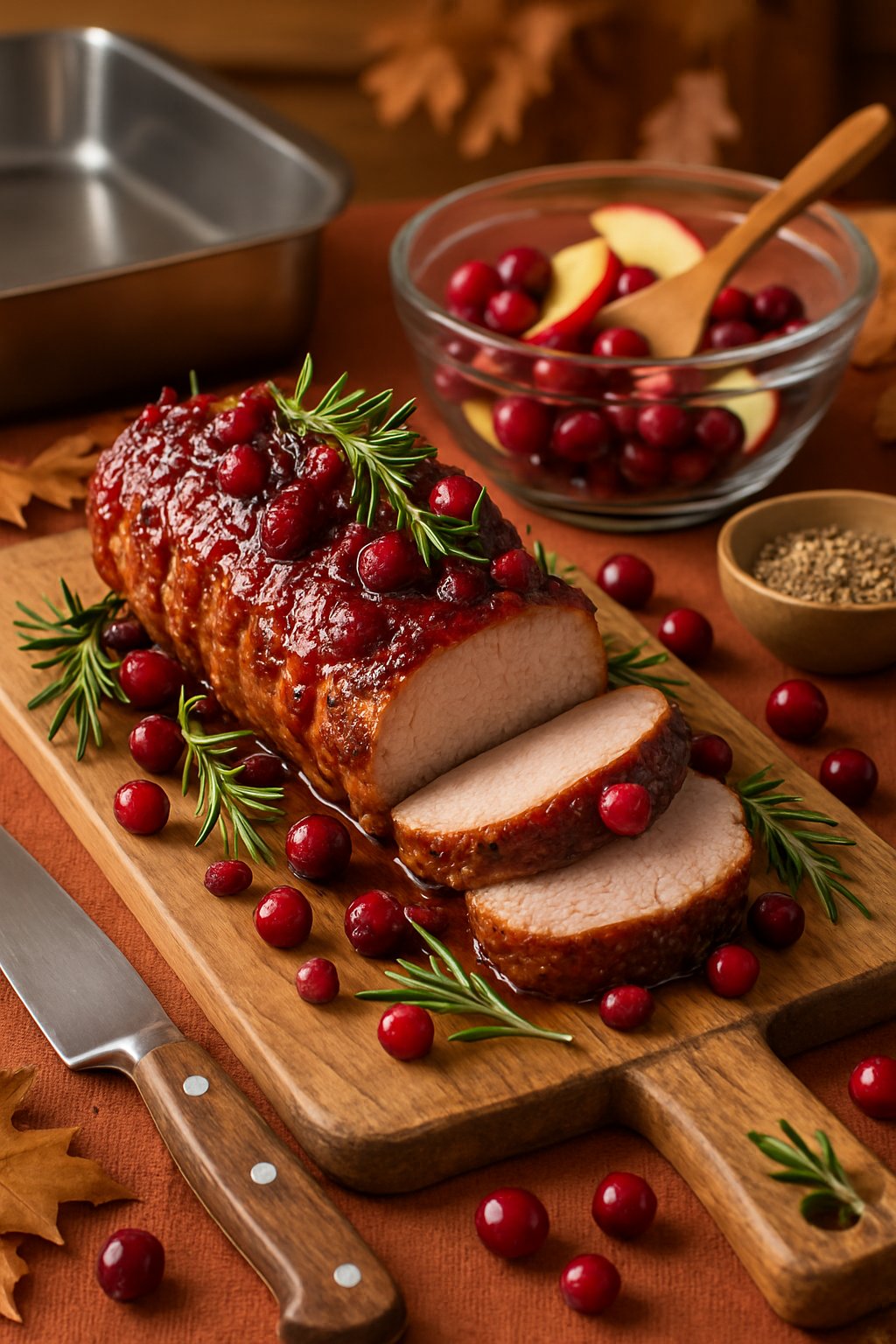 A cooked pork tenderloin roast glazed with cranberry and apple sauce on a wooden cutting board, surrounded by cooking equipment and fresh ingredients in a warm kitchen setting.