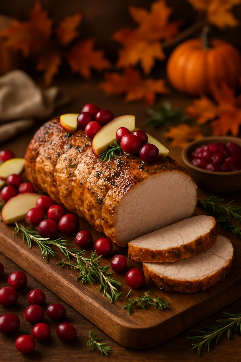 A cooked pork tenderloin roast garnished with fresh cranberries and apple slices on a wooden cutting board, surrounded by herbs and autumn decorations.