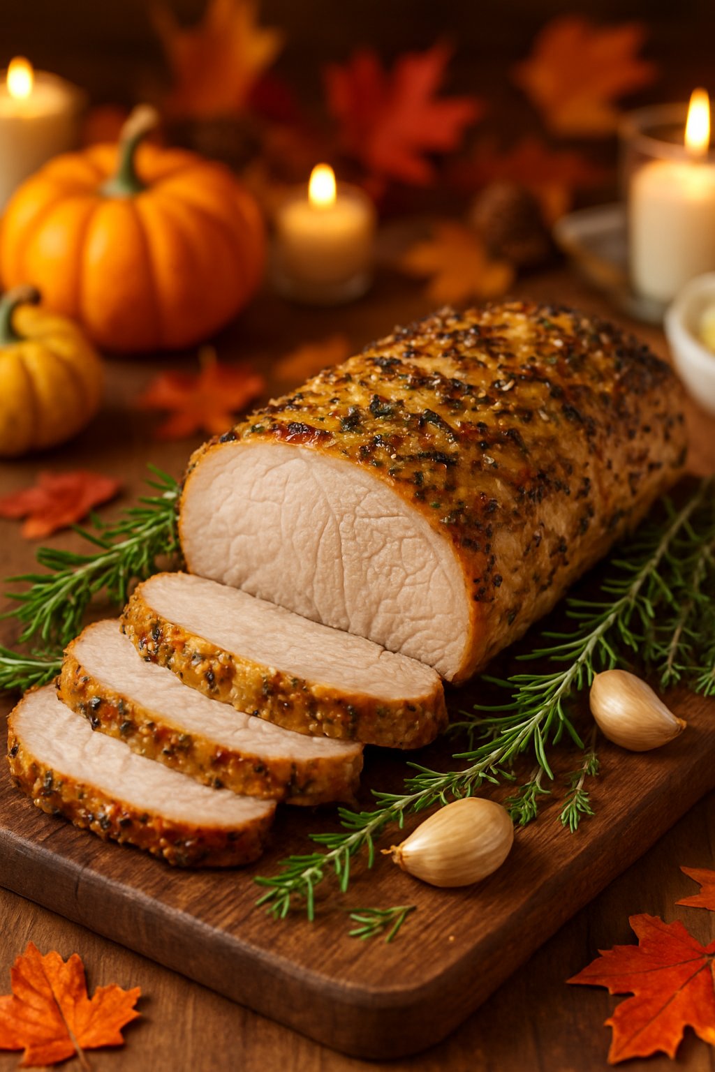 Sliced mustard and herb roasted pork tenderloin on a wooden board with autumn decorations in the background.