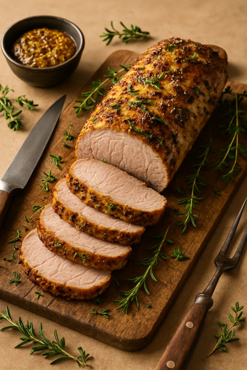 Sliced mustard and herb roasted pork tenderloin on a cutting board with fresh herbs and cooking utensils nearby.