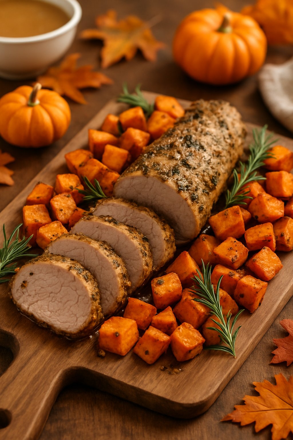 A sliced garlic and herb pork tenderloin on a wooden board with roasted sweet potatoes and autumn decorations.
