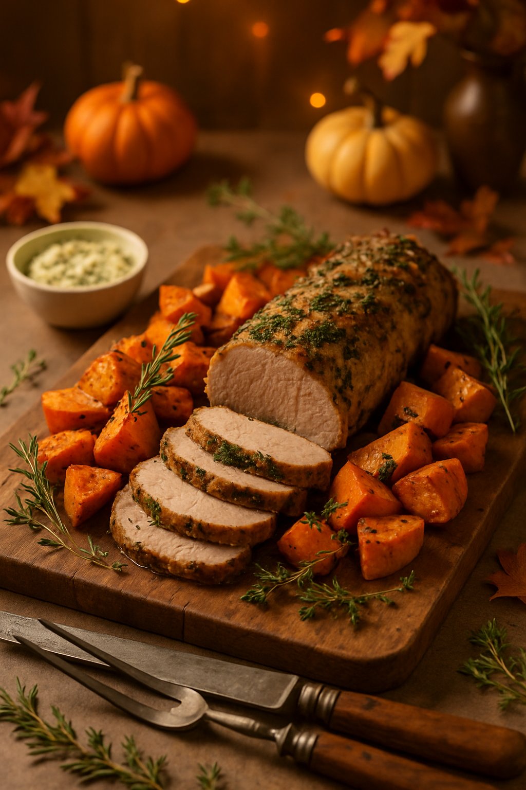 Sliced garlic and herb pork tenderloin served with roasted sweet potatoes on a wooden board with herb garnishes.
